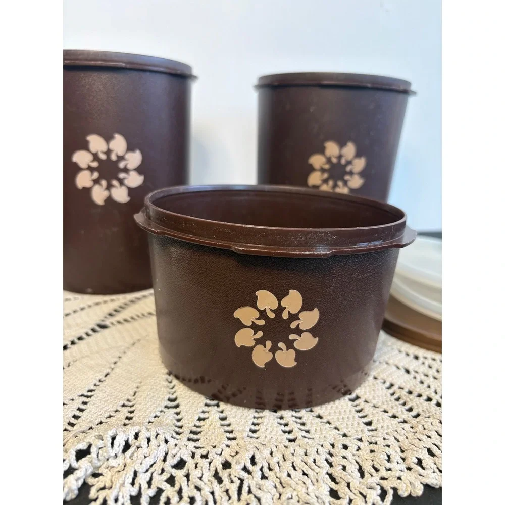 Vintage Tupperware Servalier Canister Set Brown Floral 809-13 809-14 1298-11 3pc
